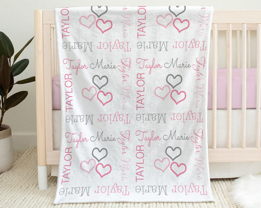 Personalized Hearts Baby Name Blanket Girl Pink