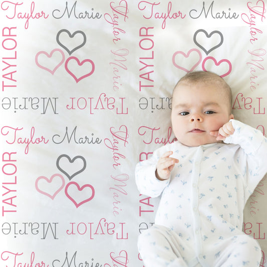Personalized Hearts Baby Name Blanket Girl Pink