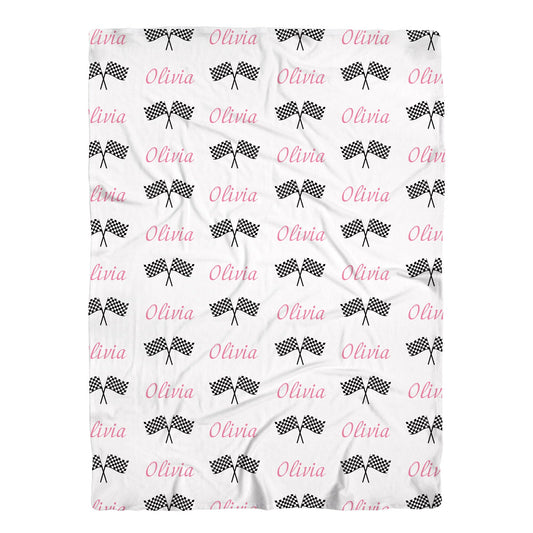 Personalized Jersey Race Flag Pink Girls Swaddle Baby Name Blanket