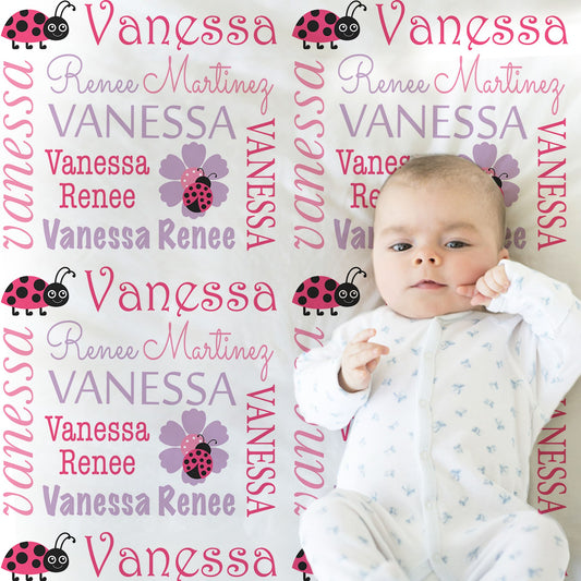 Personalized Lady Bug Baby Name Blanket Girl