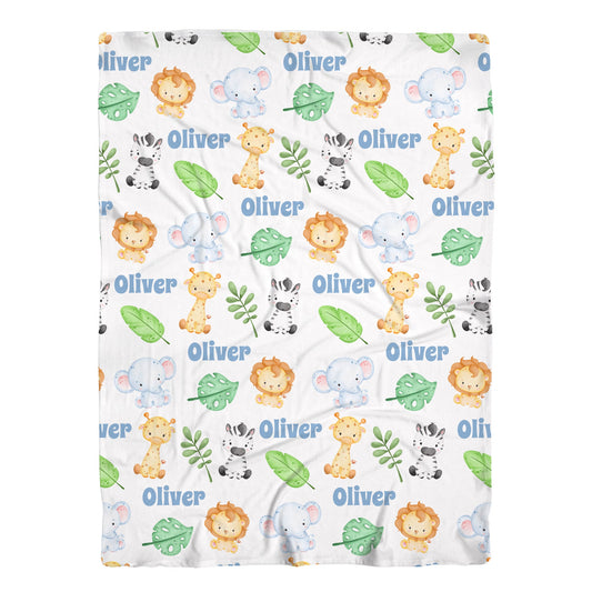 Personalized Boy Safari Animals Swaddle Boys Baby Name Blanket