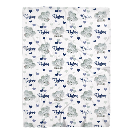 Personalized Jersey Elephant Blue Boys Swaddle Baby Name Blanket