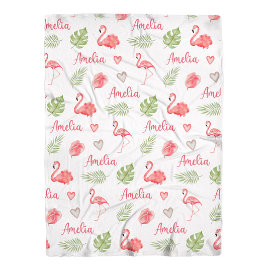Personalized Girls Swaddle Blankets With Pink Flamingo