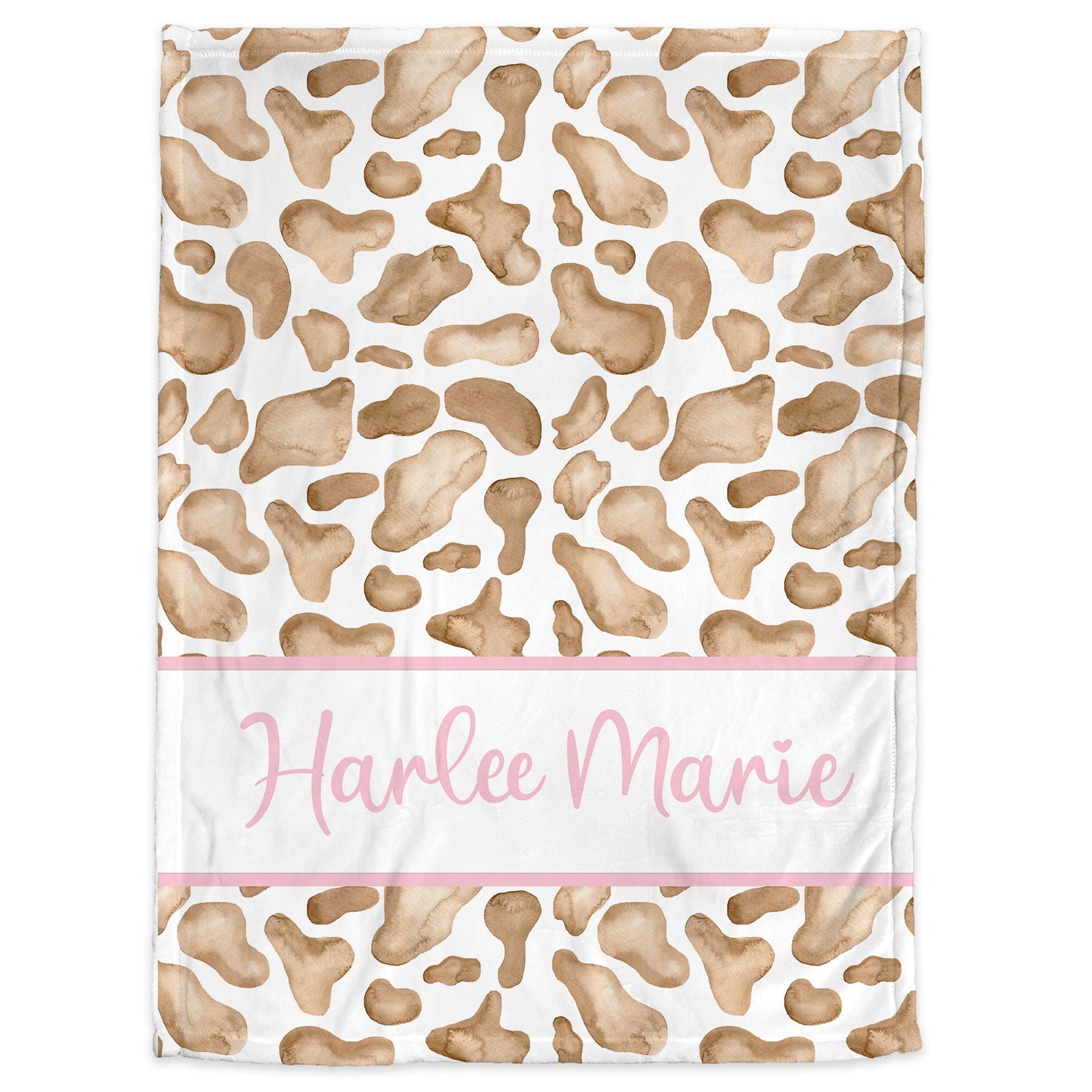 Cow pattern baby name blanket, pretty brown cow baby blanket with pink name, personalized girl floral farm gift, toddler, big kid size