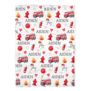 Firetruck swaddle blanket, fire fighter personalized baby boy newborn name blanket with Dalmatian fire dog, hydrant, baby boy gift