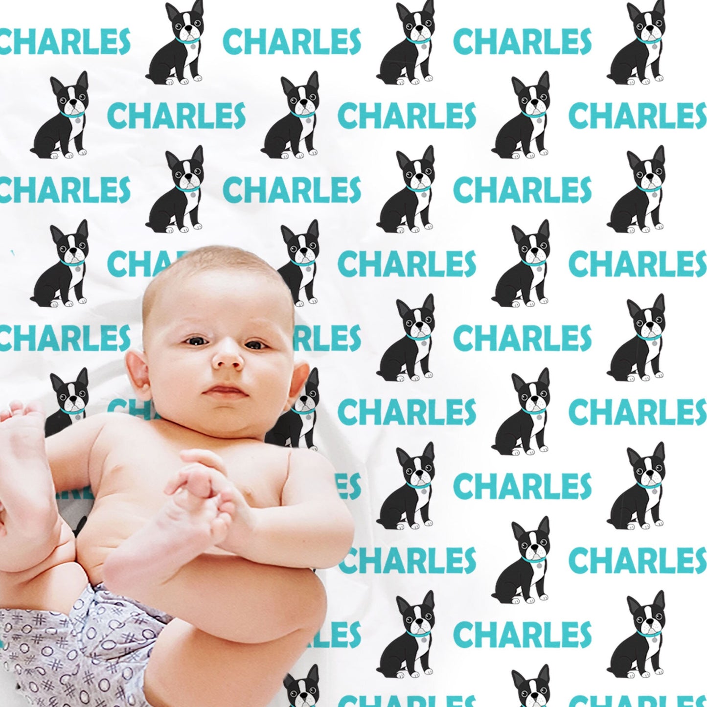 Baby boy boston terrier name blanket, puppy boys blanket, personalized terrier baby gift, newborn Boston terrier swaddle blanket, black blue