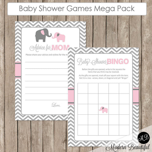 Elephant Baby Shower Game Pack Pink