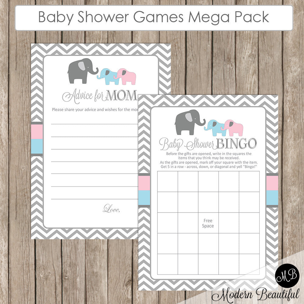 Elephant Baby Shower Game Pack Twins