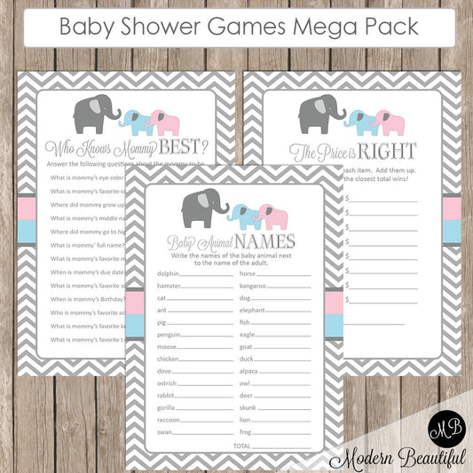 Elephant Baby Shower Game Pack Twins