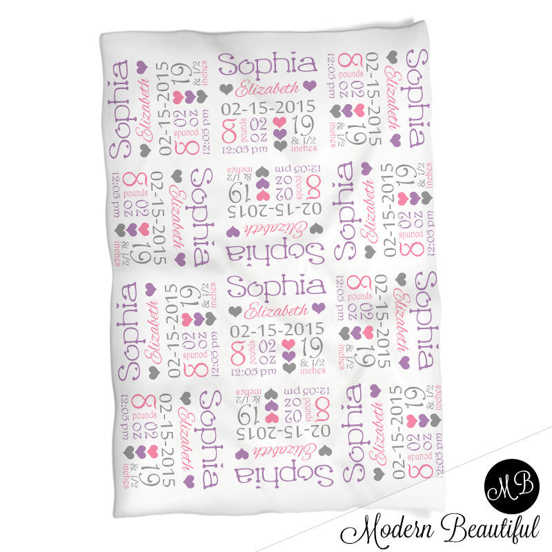 Hearts Baby Stats Blanket - Purple