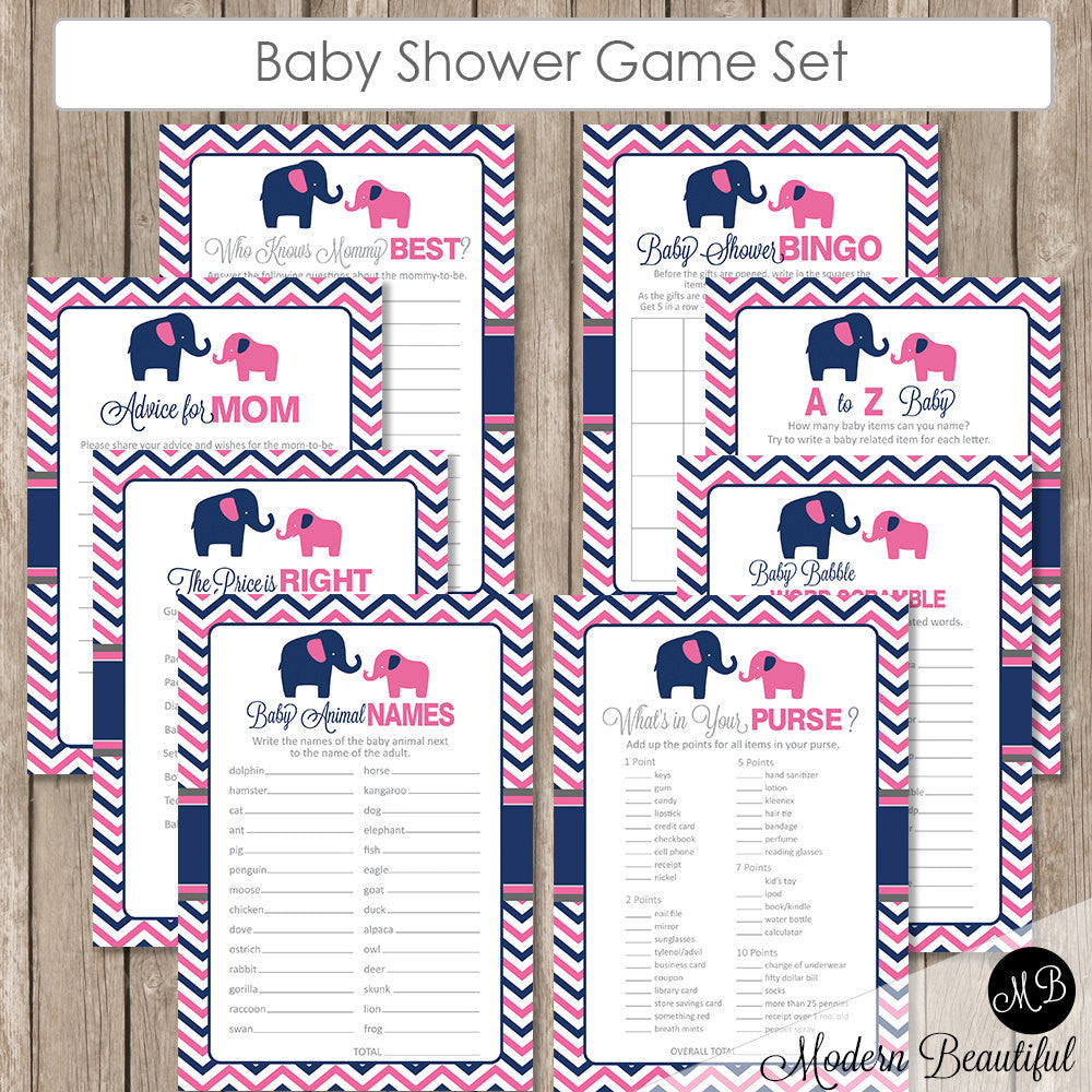 Elephant Baby Shower Game Pack Pink Navy