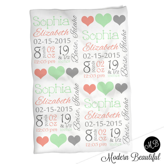 Hearts Baby Stats Blanket - Purple Gray