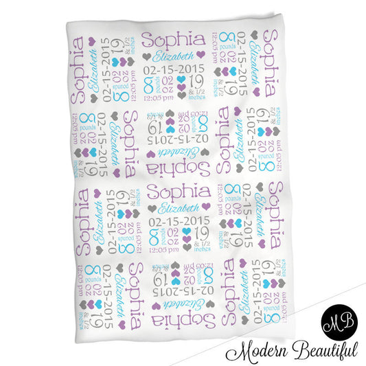 Hearts Baby Stats Blanket - Purple Blue