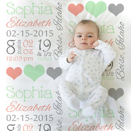 Mint and coral baby stats blanket, personalized blanket, stats blanket, girl baby blanket, baby shower gift, receiving, hearts,  1006