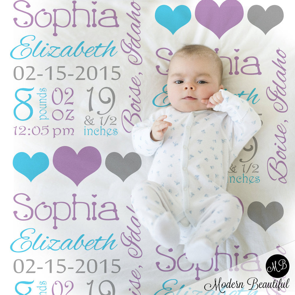 Birth Stats Baby Blanket Purple and gray, personalized blanket, stats blanket, girl baby blanket, baby shower gift, receiving, hearts, 1006