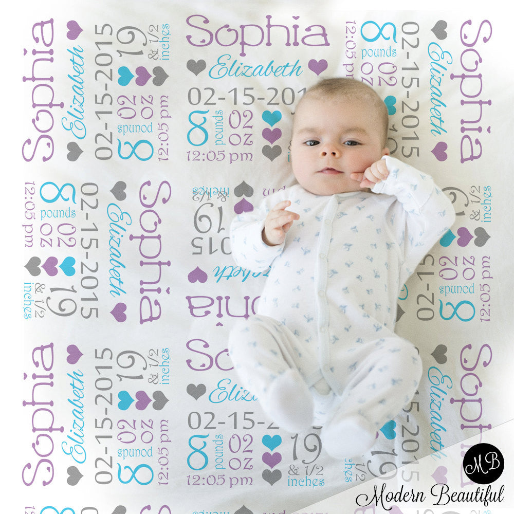Hearts Baby Stats Blanket - Purple Blue