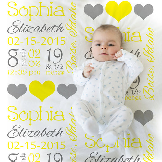 Hearts Baby Stats Blanket - Yellow Gray