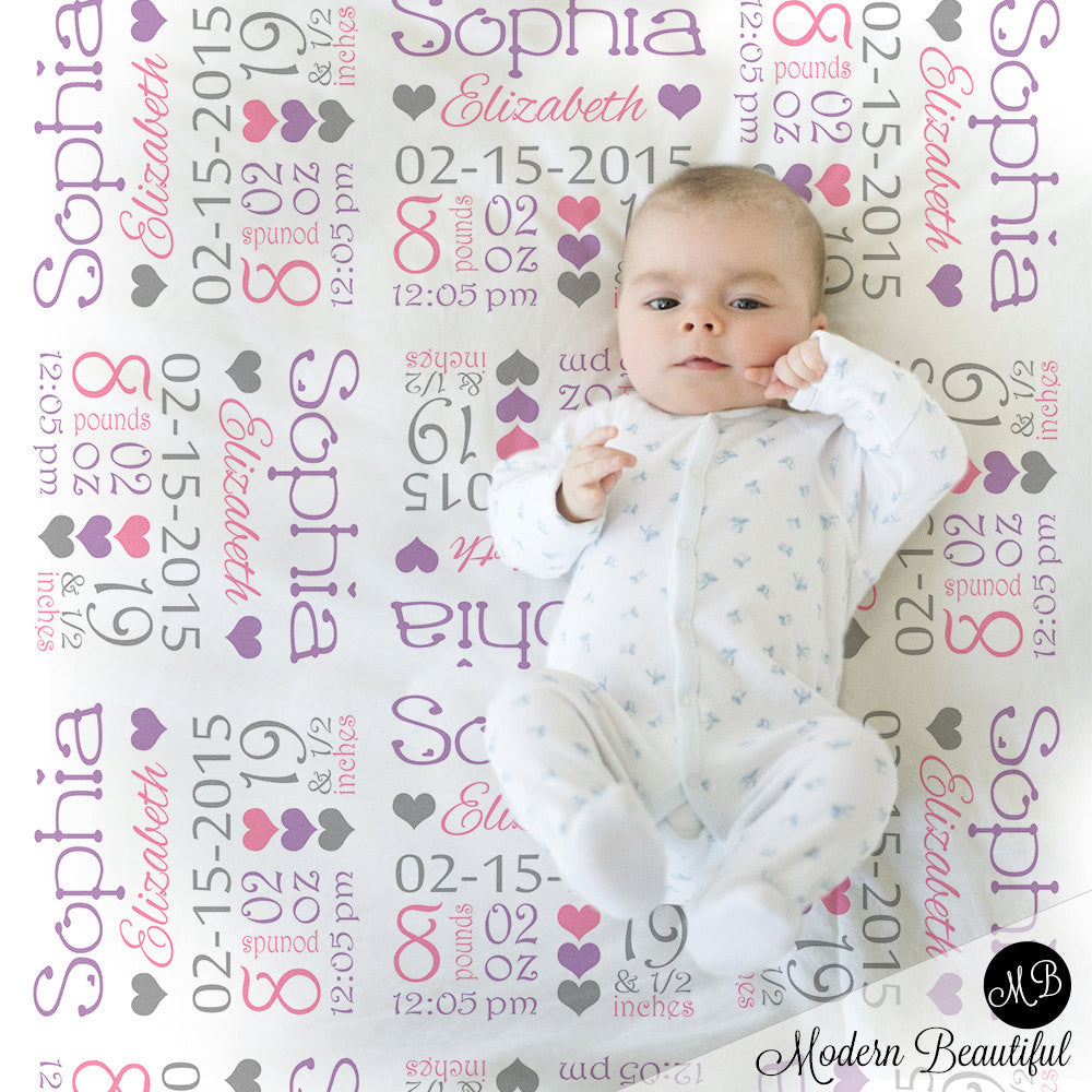 Hearts Baby Stats Blanket - Purple