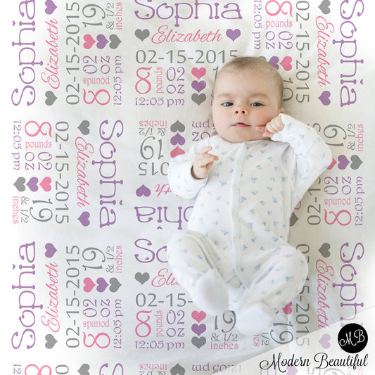 Hearts Baby Stats Blanket - Purple