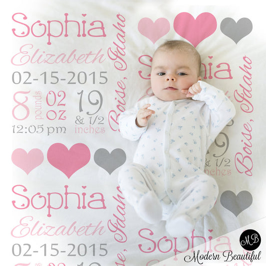 Hearts Baby Stats Blanket - Pink Gray