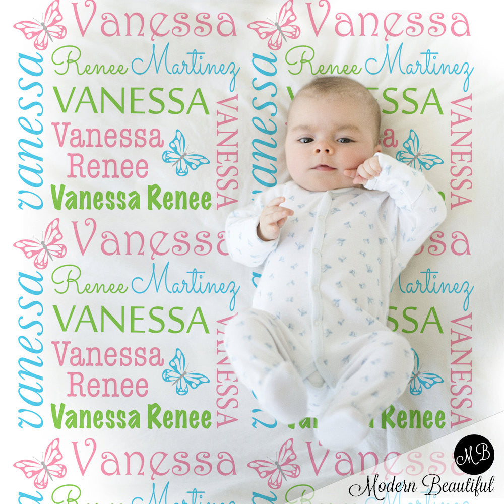 Baby girl swaddle blanket, butterfly baby blanket, girl, butterfly blanket, baby shower gift, butterflies, lime, pink, baby blanket 1004