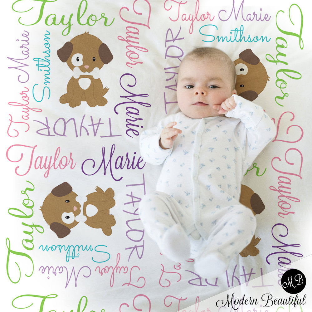 Personalized Puppy Dog Baby Name Blanket Girl
