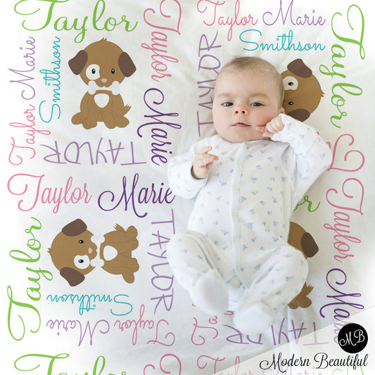 Personalized Puppy Dog Baby Name Blanket Girl