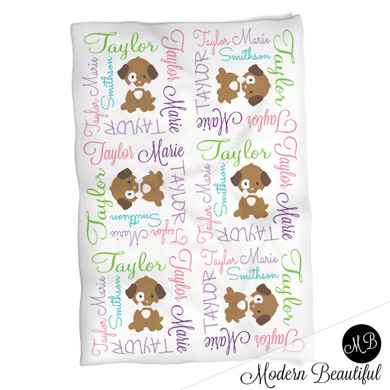Personalized Puppy Dog Baby Name Blanket Girl