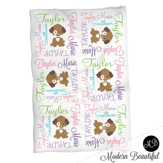 Personalized Puppy Dog Baby Name Blanket Girl