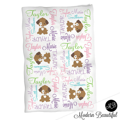 Puppy blanket for baby girl, personalized blanket, puppy blanket, girl baby blanket, baby shower gift, receiving blanket  PuppyG1