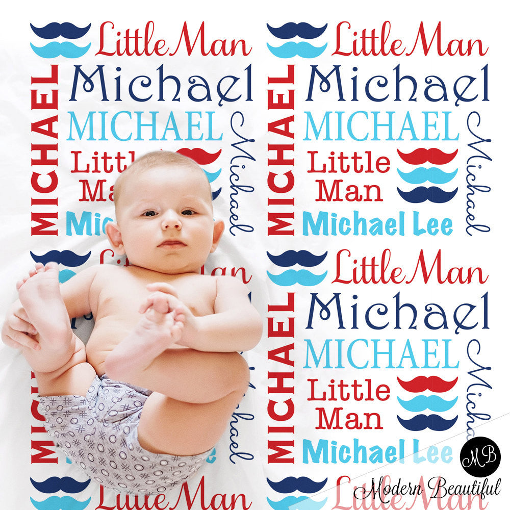 Personalized Mustache Baby Name Blanket Boy