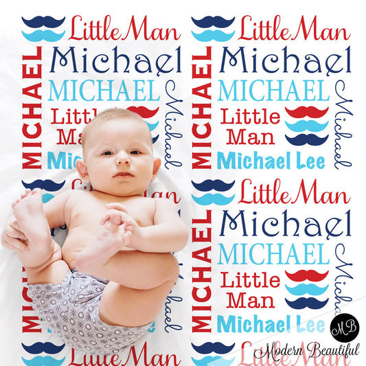 Personalized Mustache Baby Name Blanket Boy