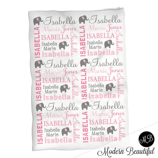 Personalized Elephant Baby Name Blanket Pink