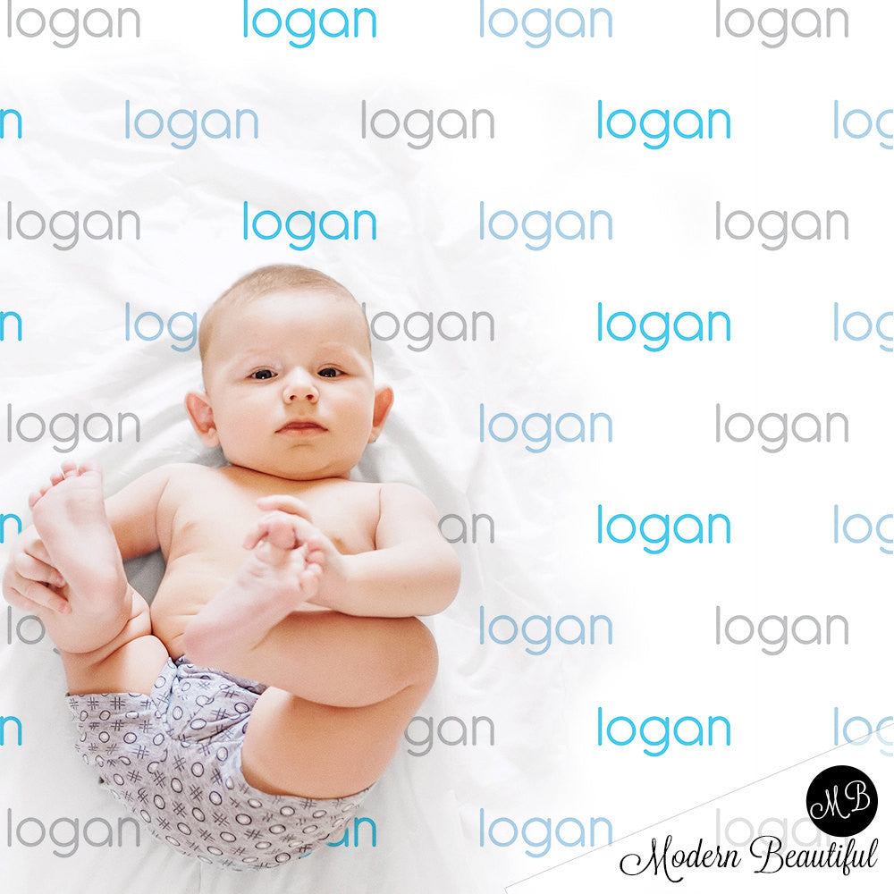 Personalized Baby Name Blanket Boy Blue and Gray