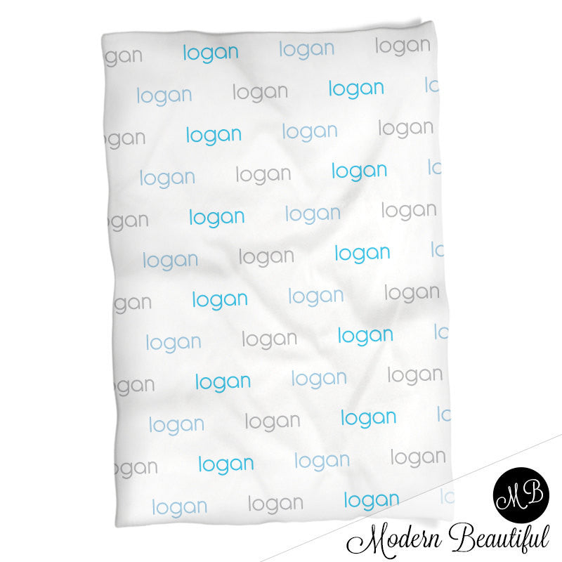 Personalized Baby Name Blanket Boy Blue and Gray