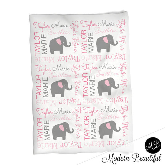 Personalized Elephant Baby Name Blanket Girl