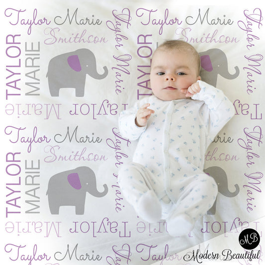 Personalized Elephant Baby Name Blanket Purple