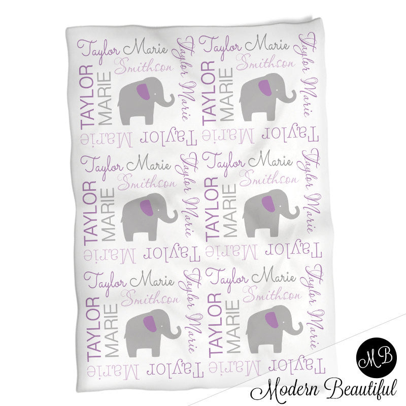 Personalized Elephant Baby Name Blanket Purple