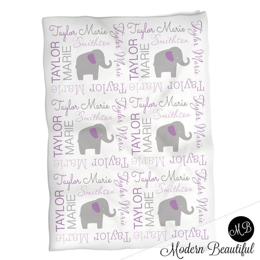 Personalized Elephant Baby Name Blanket Purple