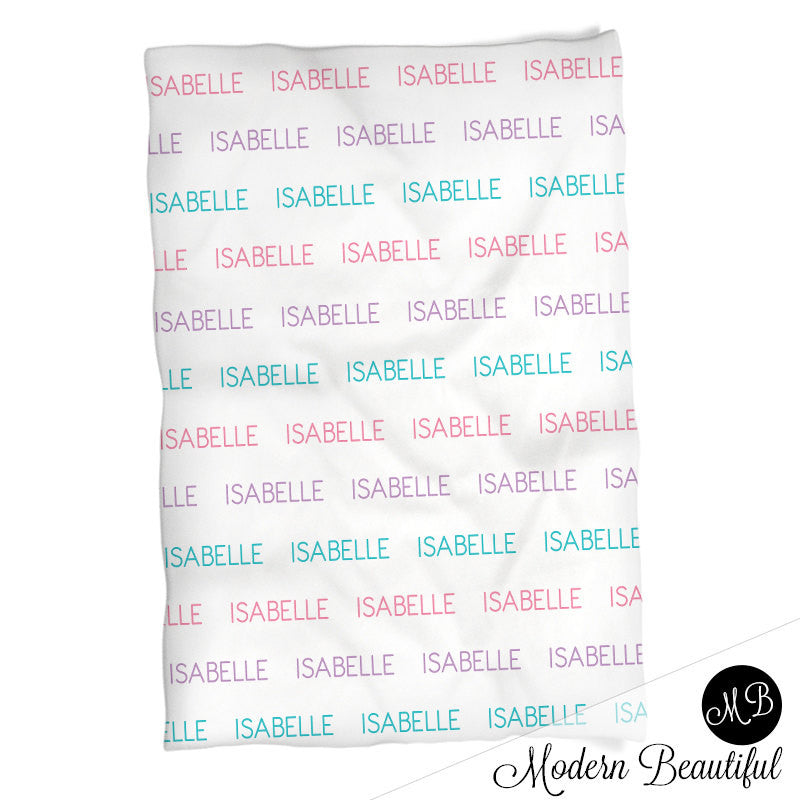 Personalized Name blanket in pink, purple, and aqua, personalized baby gift, swaddling blanket, baby blanket, modern trendy, Capital