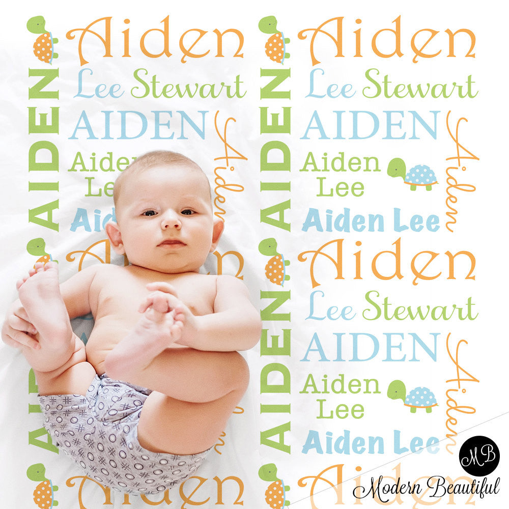 Personalized Turtle Baby Name Blanket Boy