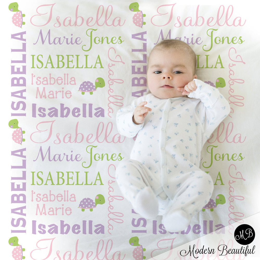 Personalized Turtle Baby Name Blanket Girl