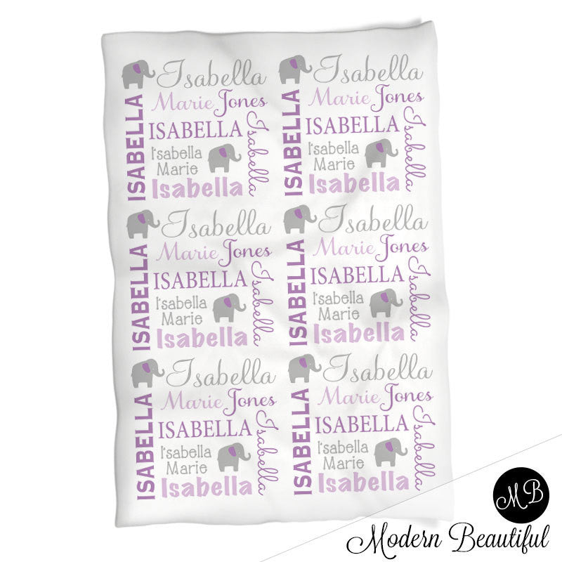 Personalized Elephant Baby Name Blanket Purple