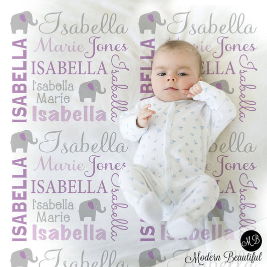 Personalized Elephant Baby Name Blanket Purple