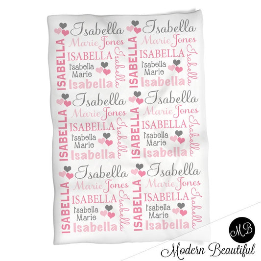 Personalized Hearts Name Blanket in pink and gray