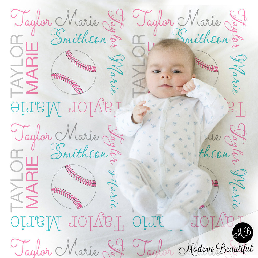 Personalized Softball Baby Name Blanket Girl