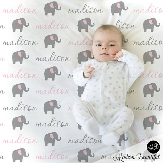 Personalized Elephant Baby Name Blanket Pink
