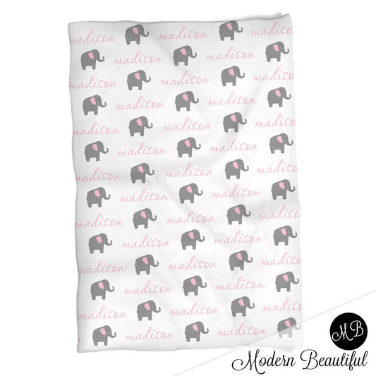 Personalized Elephant Baby Name Blanket Pink
