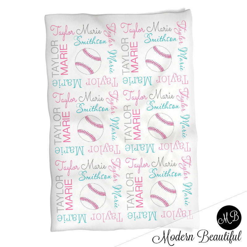 Personalized Softball Baby Name Blanket Girl