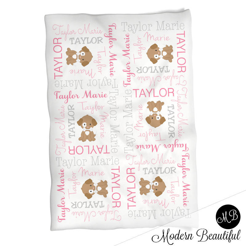 Personalized Puppy Dog Baby Name Blanket Girl